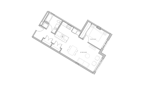 Floor plan for 1 bed, 1 bath, 781 sqft